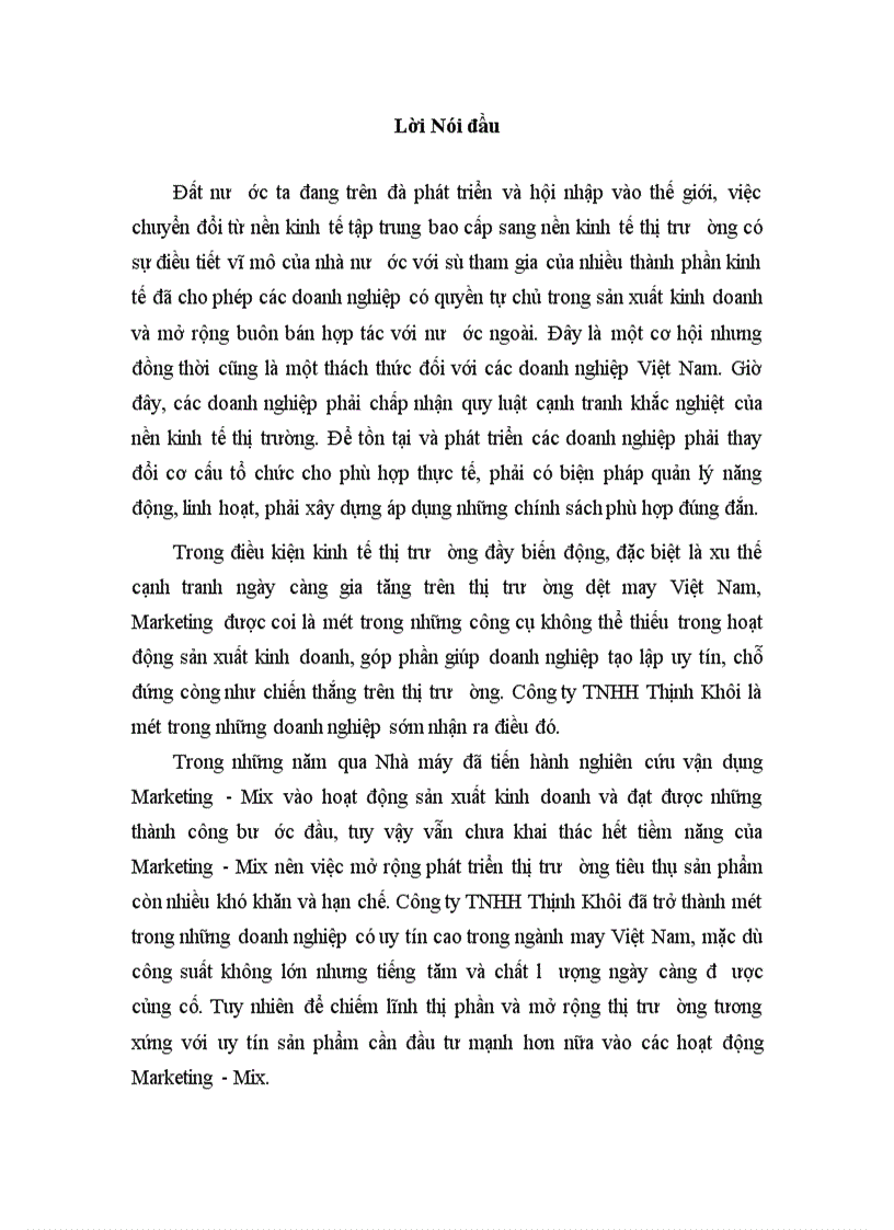 Hoàn thiện Marketing Mix sản phẩm dệt may của Công ty TNHH Thịnh Khôi