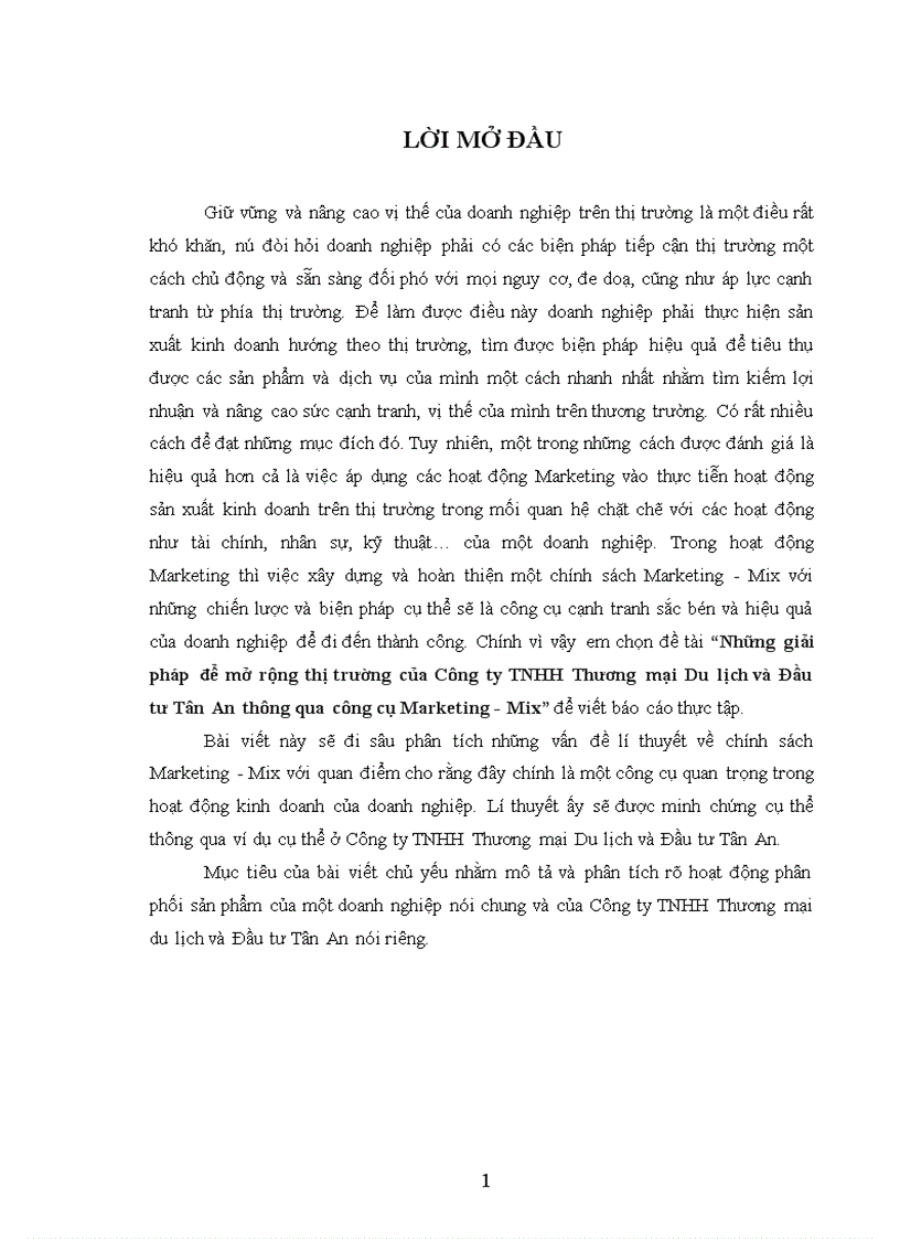Những giải pháp để mở rộng thị trường của Công ty TNHH Thương mại Du lịch và Đầu tư Tân An thông qua công cụ Marketing Mix 1