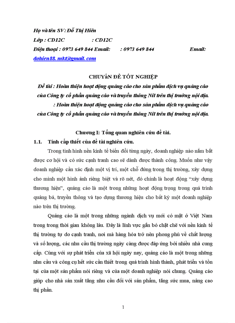 Hoàn thiện hoạt động quảng cáo cho sản phẩm dịch vụ quảng cáo của Công ty cổ phần quảng cáo và truyền thông Nil trên thị trường nội địa 1