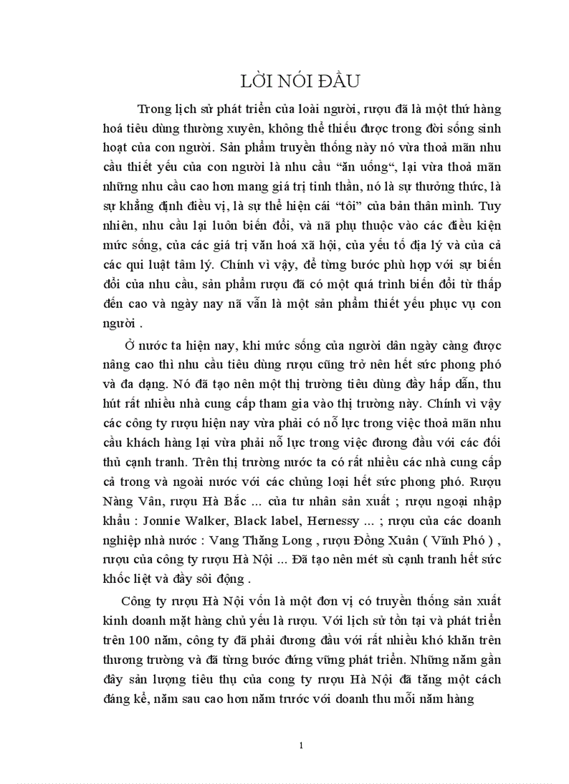 Thị trường rượu và một số giải pháp nhằm nâng cao hiệu quả của chiến lược sản phẩm ở công ty rượu Hà Nội 1