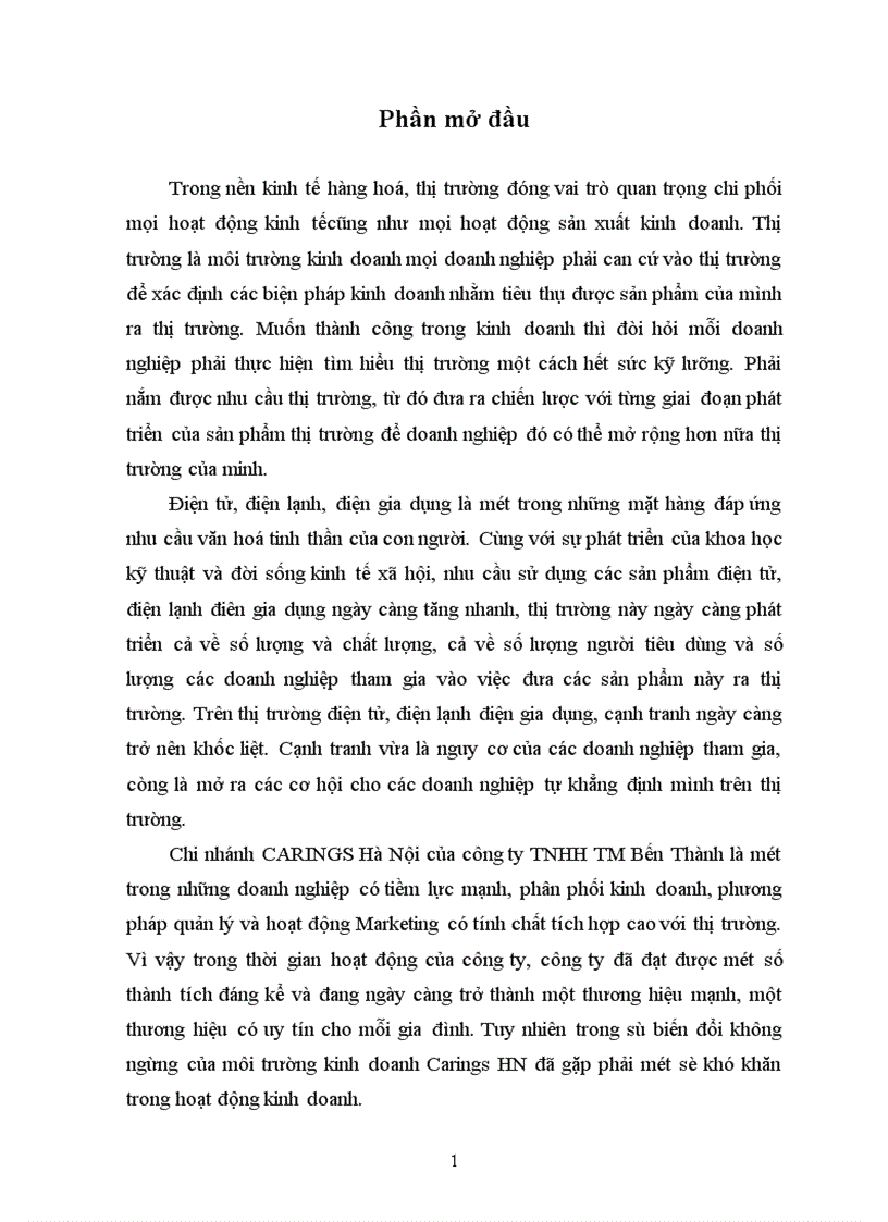 Một số biện pháp Marketing nhằm mở rộng thị trường tại Chi nhánh Carings Hà Nội của công ty TNHH TM Bến Thành