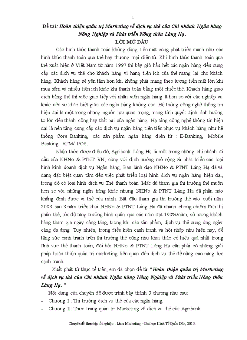 Hoàn thiện quản trị Marketing về dịch vụ thẻ của Chi nhánh Ngân hàng Nông Nghiệp và Phát triển Nông thôn Láng Hạ 1