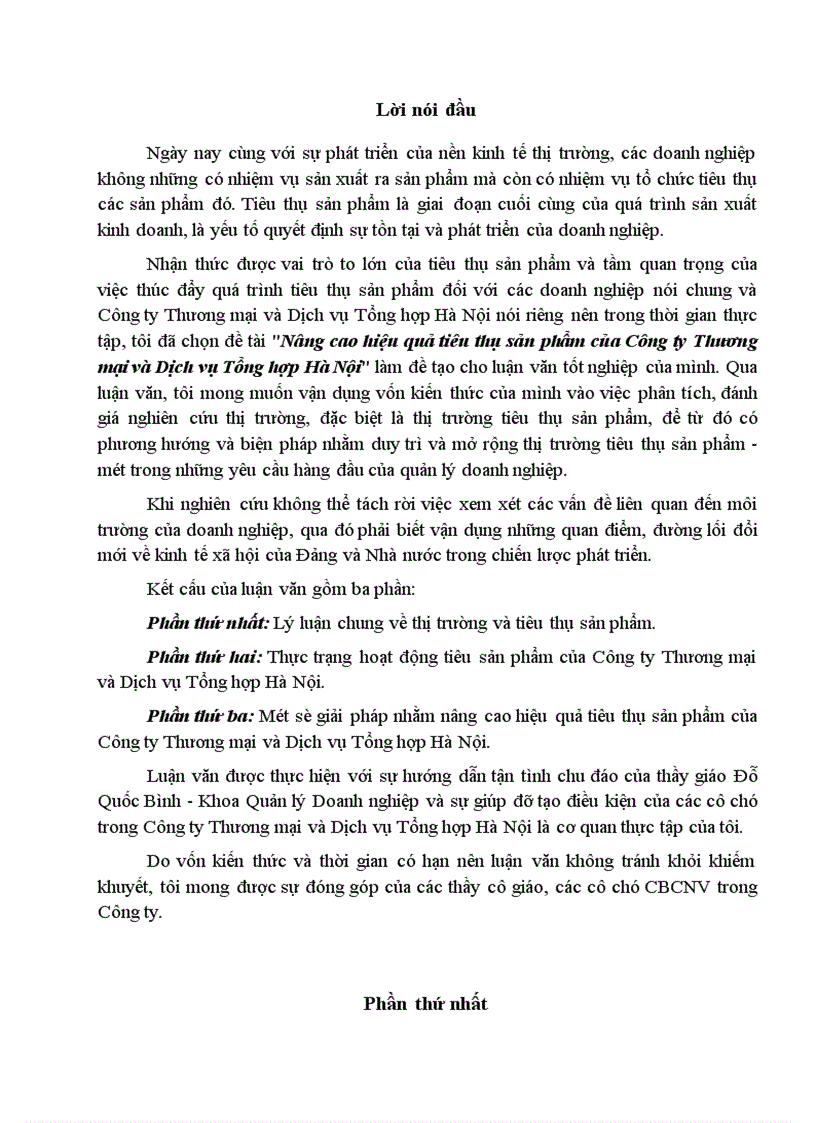 Nâng cao hiệu quả tiêu thụ sản phẩm của Công ty Thương mại và Dịch vụ Tổng hợp Hà Nội