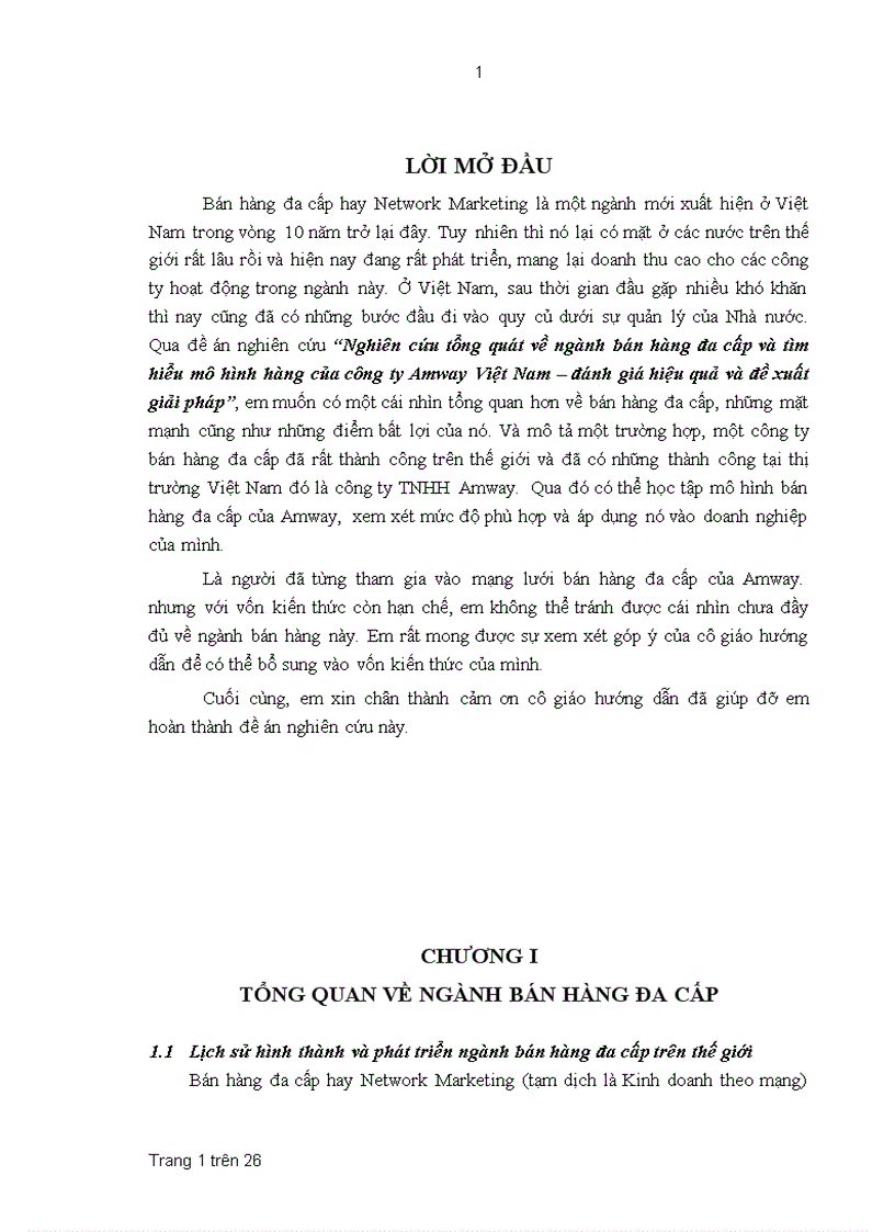 Nghiên cứu tổng quát về ngành bán hàng đa cấp và tìm hiểu mô hình hàng của công ty Amway Việt Nam – đánh giá hiệu quả và đề xuất giải pháp