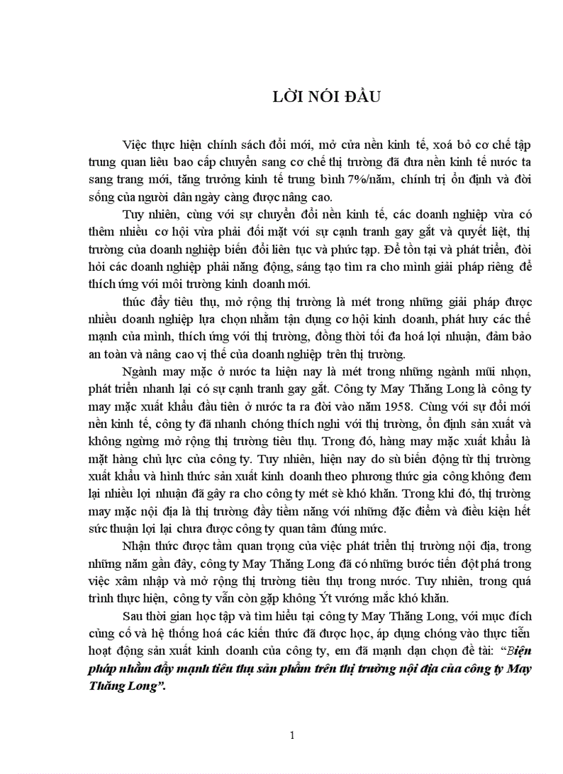 Biện pháp nhằm đẩy mạnh tiêu thụ sản phẩm trên thị trường nội địa của công ty May Thăng Long 1