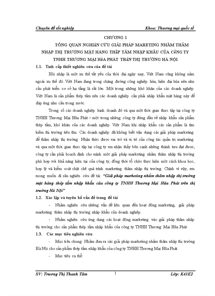 Giải pháp marketing nhằm thâm nhập thị trường mặt hàng thép tấm nhập khẩu của công ty TNHH Thương Mại Hòa Phát trên thị trường Hà Nội