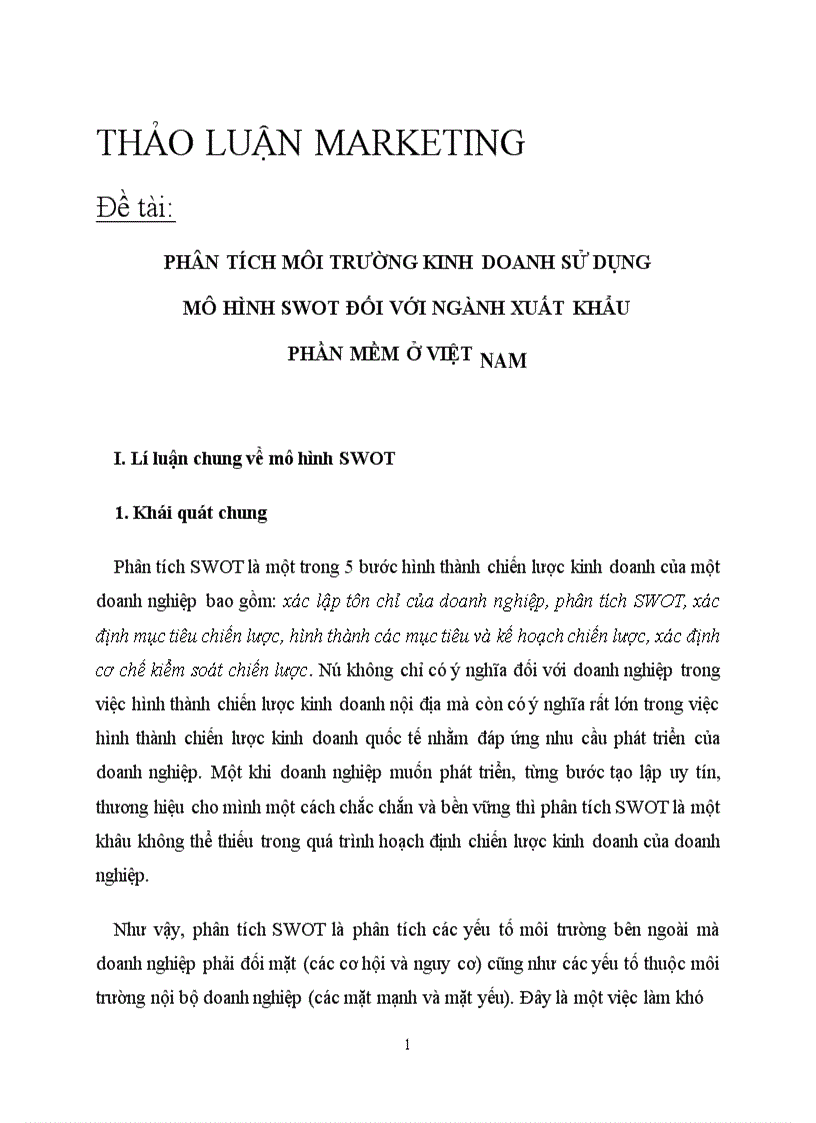 Phân tích môi trường kinh doanh sử dụng mô hình sWOT đối với ngành xuất khẩu phần mềm ở Việt Nam I
