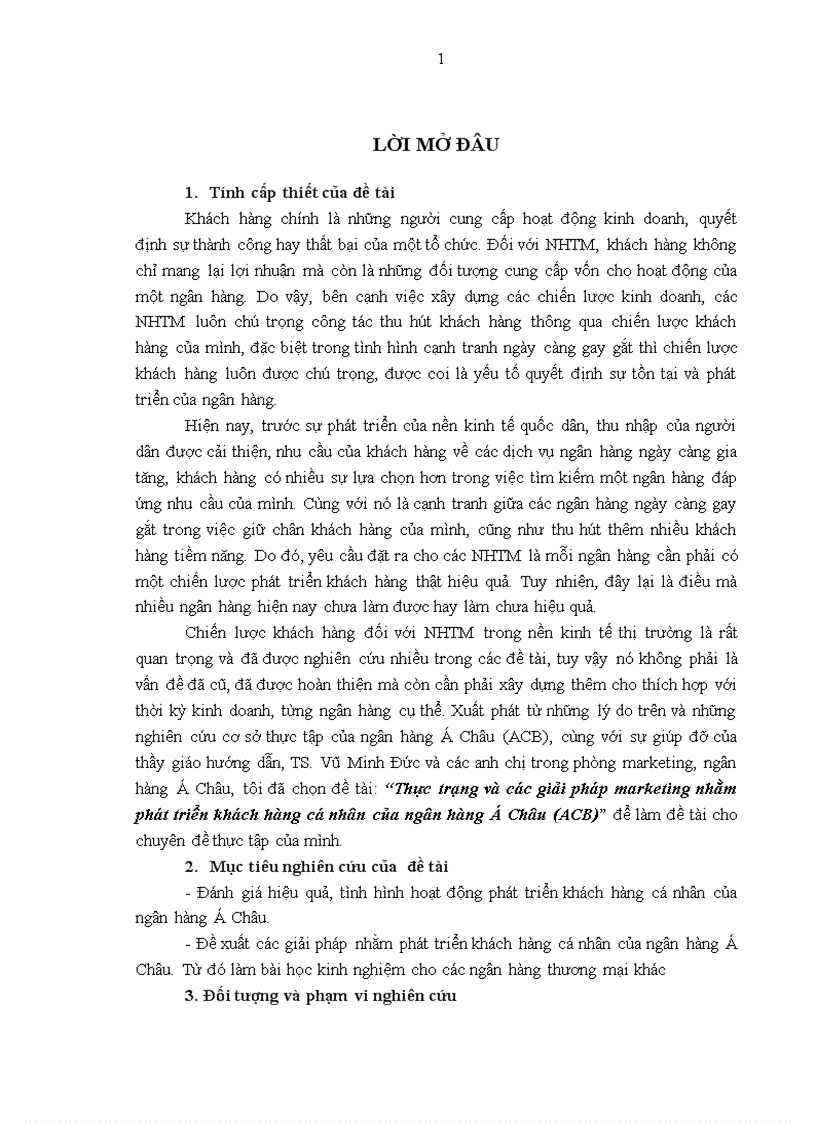 Thực trạng và các giải pháp marketing nhằm phát triển khách hàng cá nhân của ngân hàng Á Châu ACB 1
