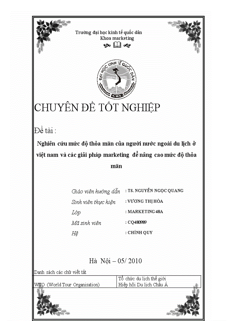 Nghiên cứu mức độ thỏa mãn của người nước ngoài du lịch ở Việt Nam và các giải pháp marketing để nâng cao mức độ thỏa mãn