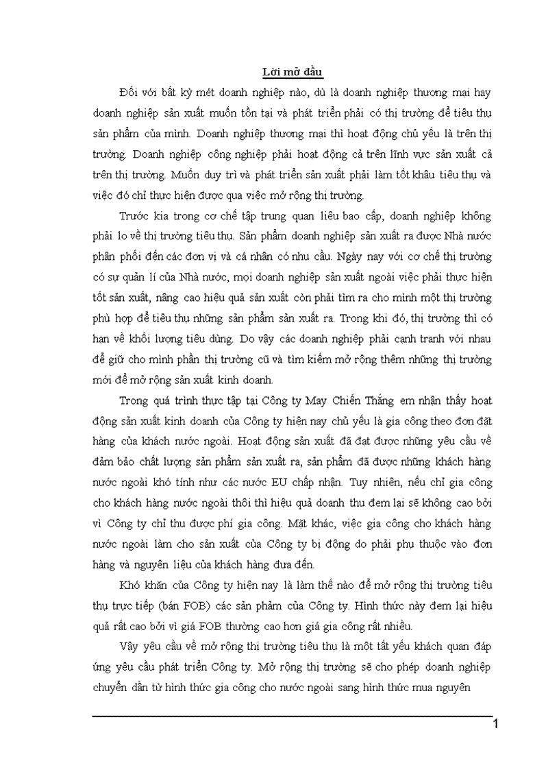 Một số biện pháp nhằm mở rộng thị trường tiêu thụ sản phẩm của Công ty May Chiến Thắng 1
