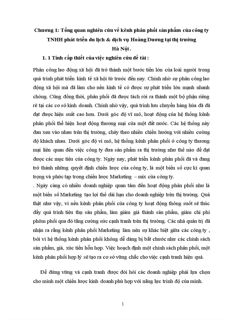 Báo cáo thực tập tổng hợp Phát triển kênh phân phối sản phẩm của công ty TNHH phát triển du lịch dịch vụ Hoàng Dương tại thị trường Hà Nội