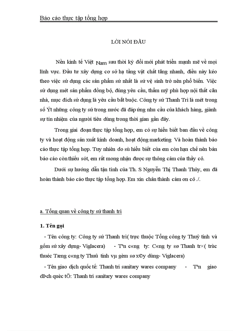 Báo cáo thực tập tổng hợp tại Công ty sứ Thanh trì