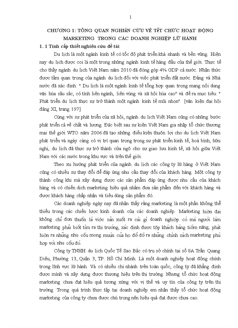 Giải pháp hoàn thiện tổ chức hoạt động marketing tại công ty TNHH du lịch Quốc Tế Sao Bắc 1