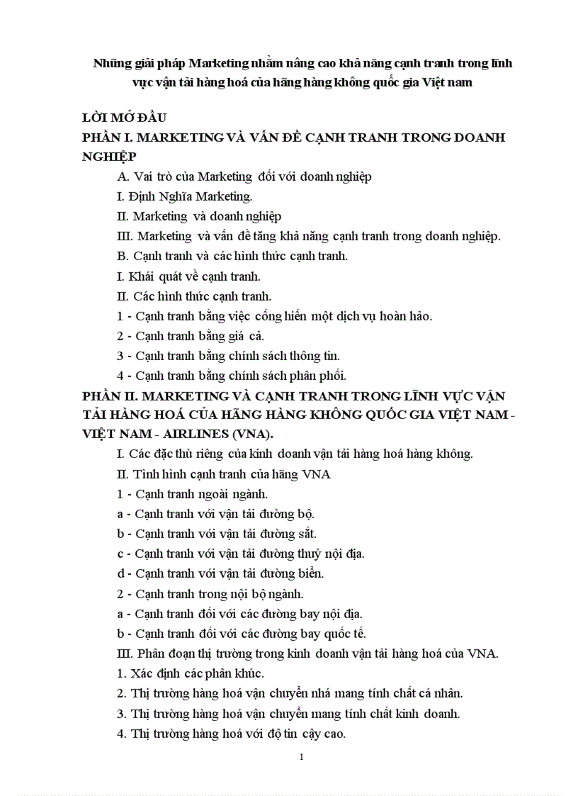 Những giải pháp Marketing nhằm nâng cao khả năng cạnh tranh trong lĩnh vực vận tải hàng hoá của hãng hàng không quốc gia Việt nam VNA 1