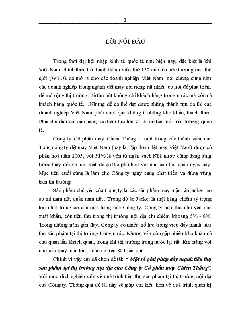 Một số giải pháp đẩy mạnh tiêu thụ sản phẩm tại thị trường nội địa của Công ty Cổ phần may Chiến Thắng 1