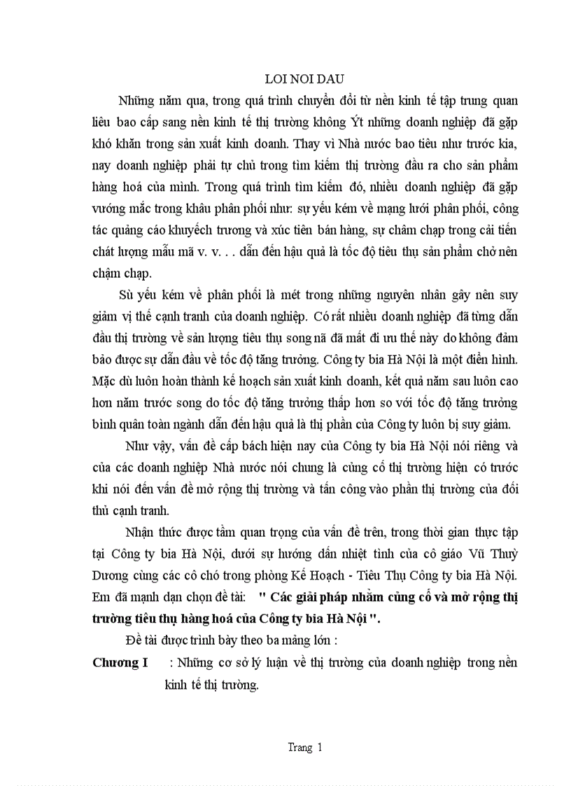 Các giải pháp nhằm củng cố và mở rộng thị trường tiêu thụ hàng hoá của Công ty bia Hà Nội 1