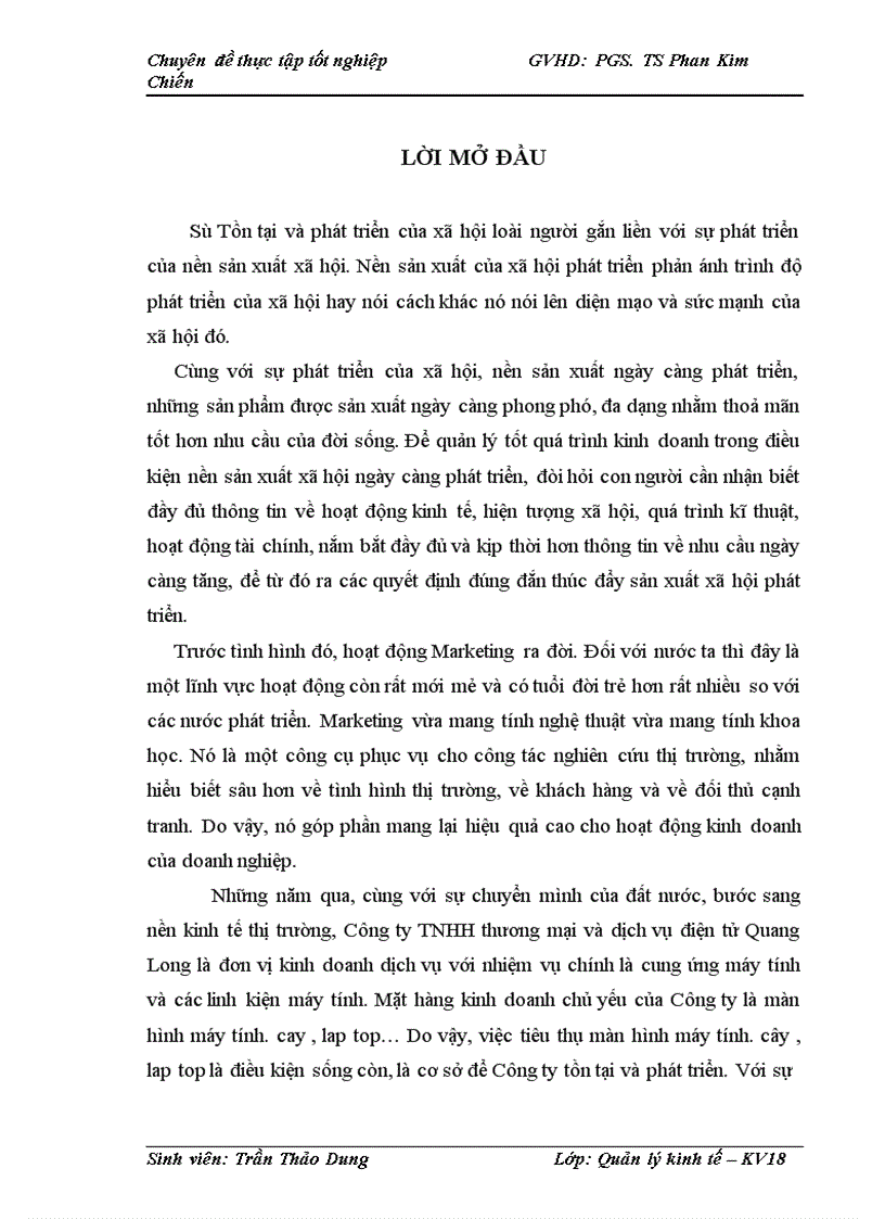 Một số giải pháp nâng cao hoạt động maketing Mix tại công ty TNHH thương mại và dịch vụ điện tử Quang Long