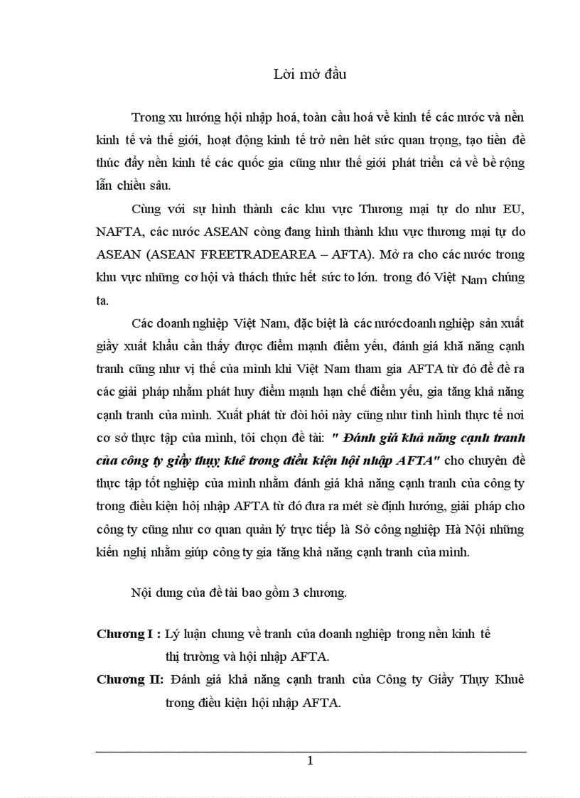 Đánh giá khả năng cạnh tranh của Công ty Giầy Thụy Khuê trong điều kiện hội nhập AFTA