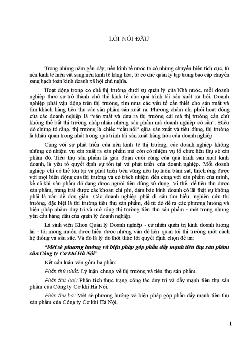 Một số phương hướng và biện pháp góp phần đẩy mạnh tiêu thụ sản phẩm của Công ty Cơ khí Hà Nội 1