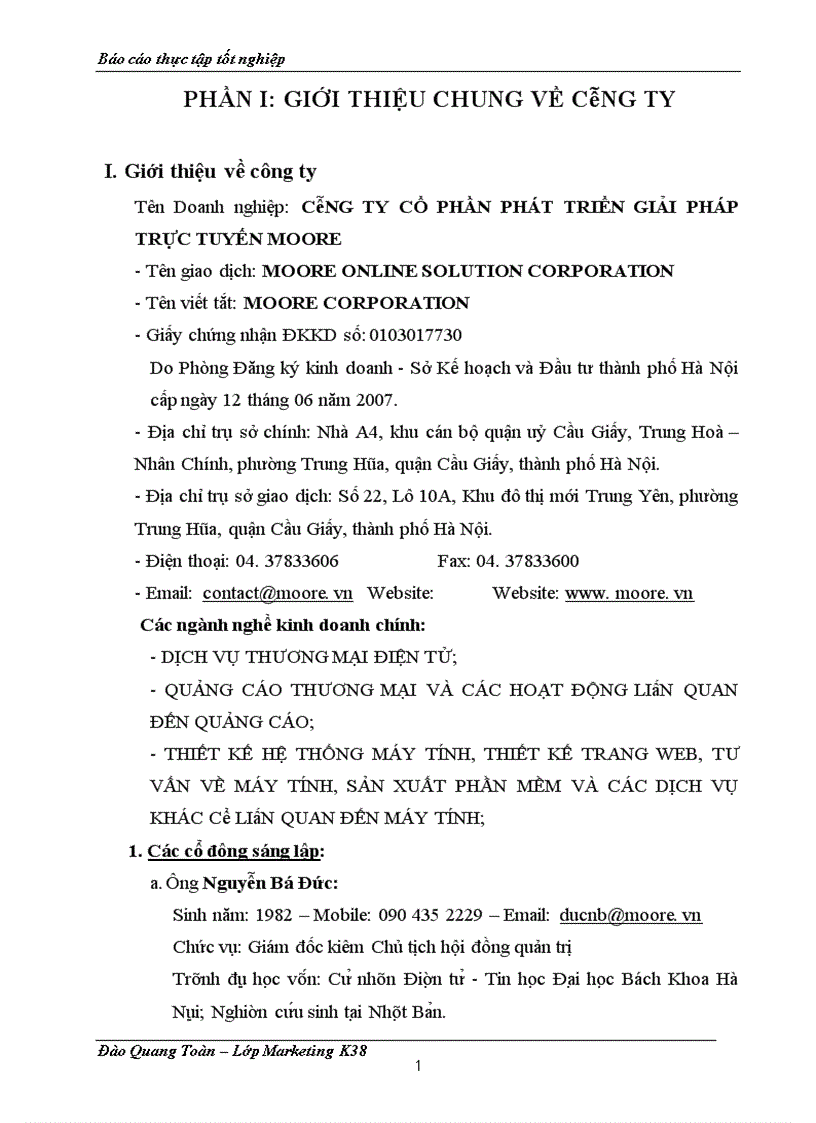 Báo cáo thực tập tổng hợp tại Công ty cổ phần phát triển giải pháp trực tuyến moore