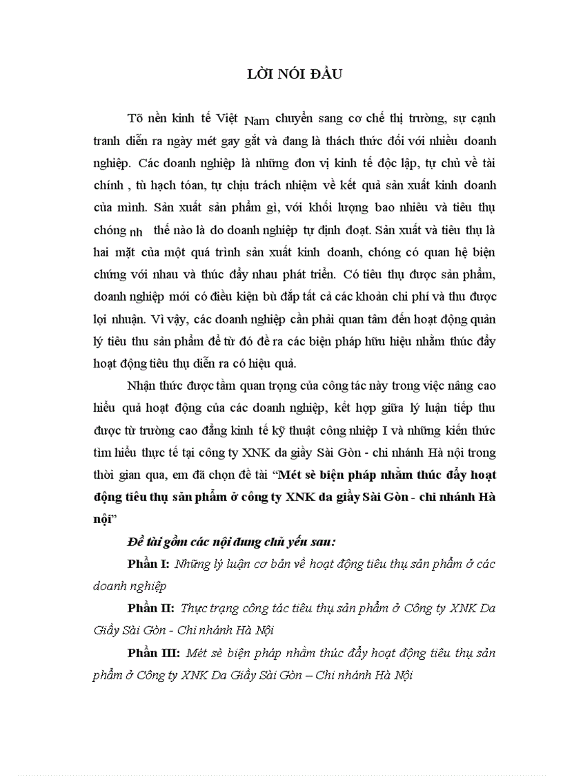 Một số biện pháp nhằm thúc đẩy hoạt động tiêu thụ sản phẩm ở công ty XNK da giầy Sài Gòn chi nhánh Hà nội