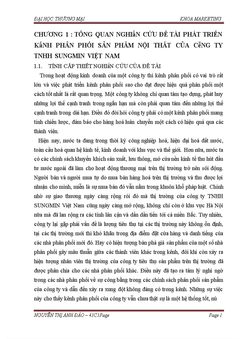 Báo cáo thực tập tổng hợp Phát triển kênh phân phối sản phẩm nội thất của công ty TNHH SUNGMIN Việt Nam trên thị trường Hà Nội và các tỉnh lân cận