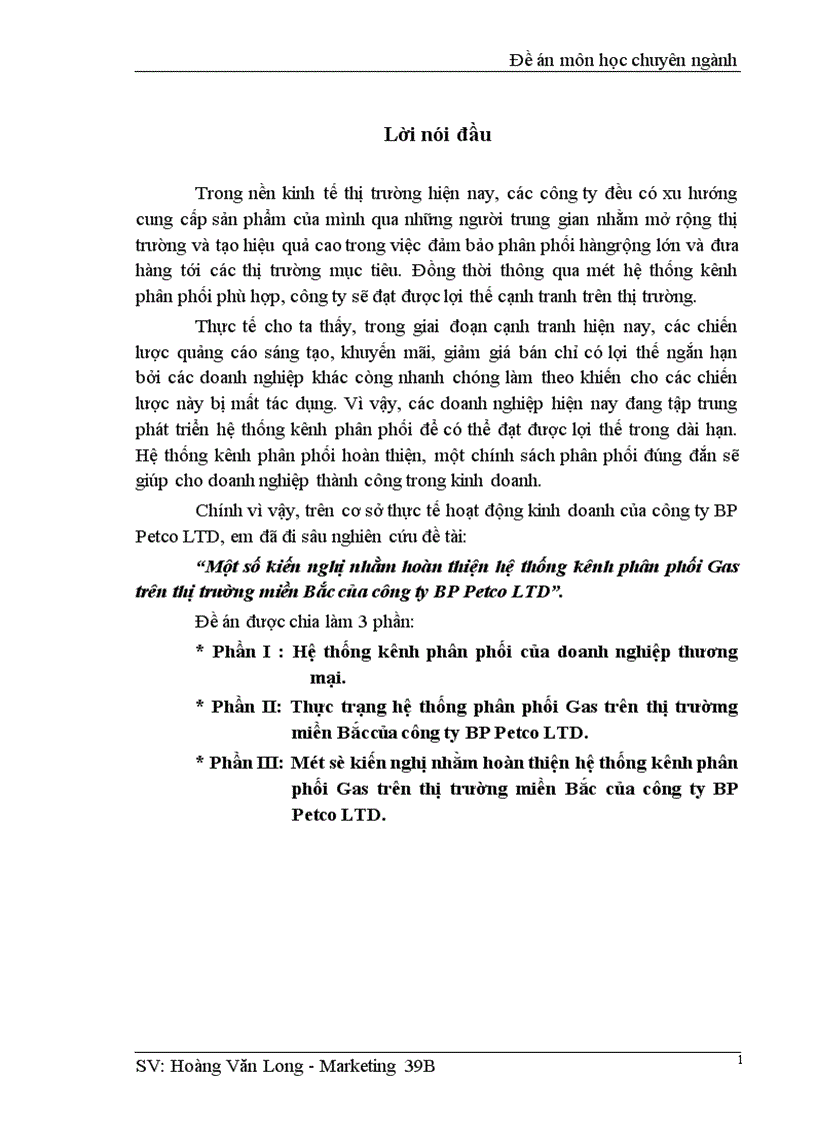 Một số kiến nghị nhằm hoàn thiện hệ thống kênh phân phối Gas trên thị trường miền Bắc của công ty BP Petco LTD 1