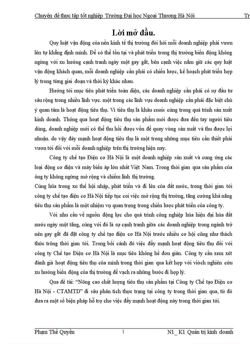 Nâng cao chất lượng tiêu thụ sản phẩm tại Công ty Chế tạo Điện cơ Hà Nội CTAMTD