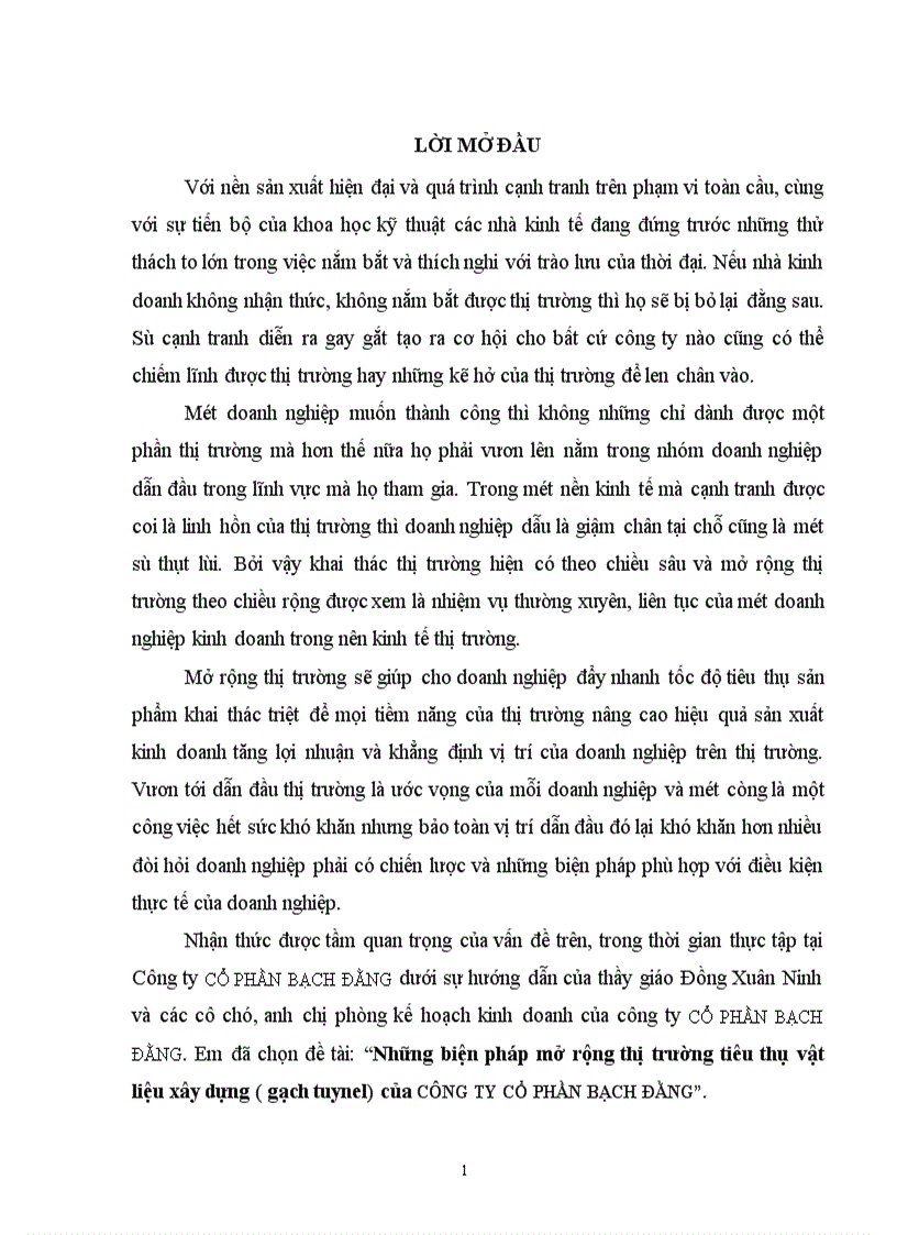 Những biện pháp mở rộng thị trường tiêu thụ vật liệu xây dựng gạch tuynel của Công ty cổ phần Bạch Đằng 1
