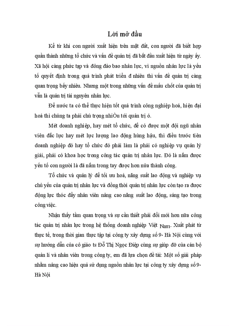 Một số giải pháp nhằm nâng cao hiệu quả sử dụng nguồn nhân lực tại công ty xây dựng số 9 Hà Nội