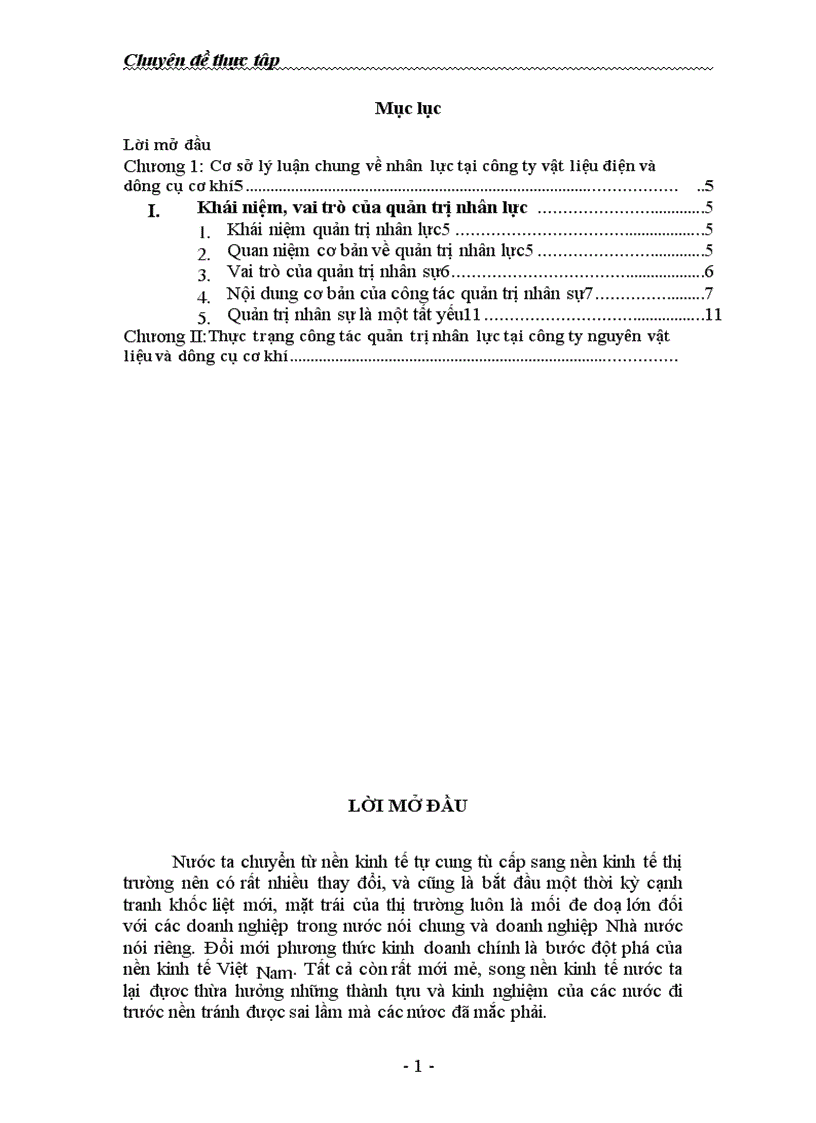 Một số vấn đề về công tác quản trị nhân lực tại Công ty Vật liệu điện và dụng cụ cơ khí 1