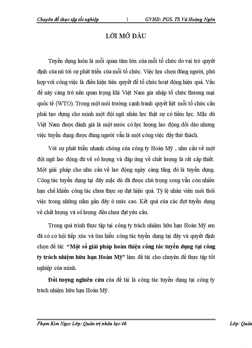 Một số giải pháp hoàn thiện công tác tuyển dụng tại công ty trách nhiệm hữu hạn Hoàn Mỹ 1