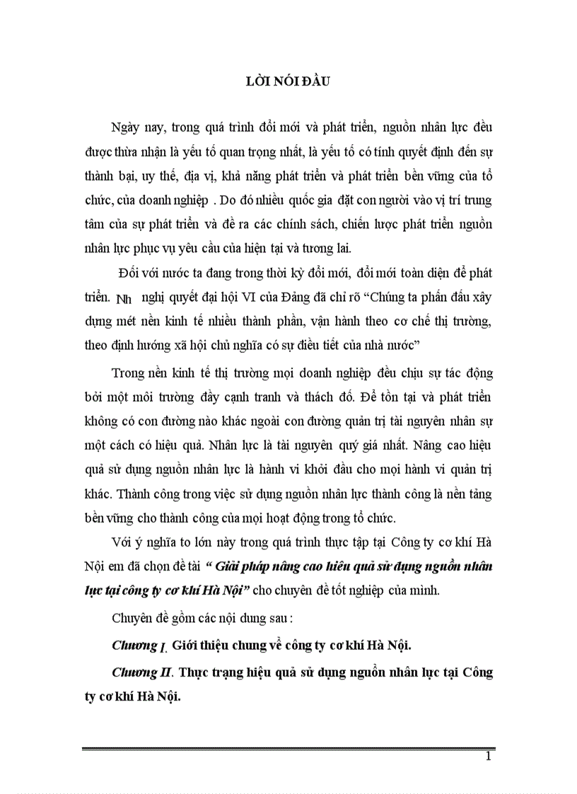 Giải pháp nâng cao hiêu quả sử dụng nguồn nhân lực tại công ty cơ khí Hà Nội 1