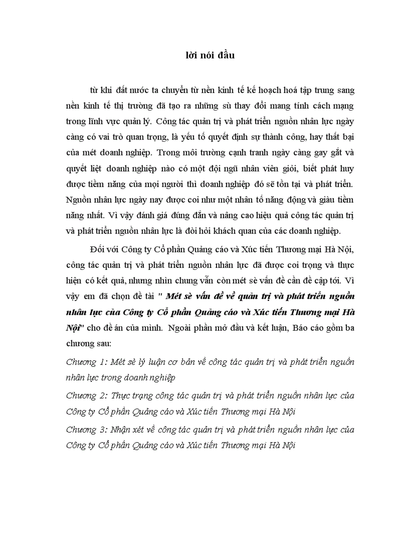 Một số vấn đề về quản trị và phát triển nguồn nhân lực của Công ty Cổ phần Quảng cáo và Xúc tiến Thương mại Hà Nội 1