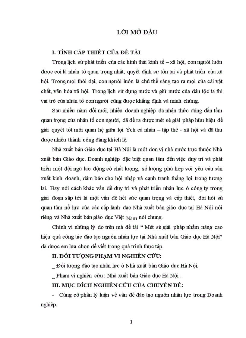 Một số giải pháp nhằm nâng cao hiệu quả công tác đào tạo nguồn nhân lực tại Nhà xuất bản Giáo dục Hà Nội 1