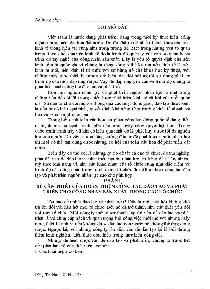 Phân tích thực trạng công tác đào tạo và phát triển cho công nhân sản xuất tại công ty lắp máy số 1 hà nội 1