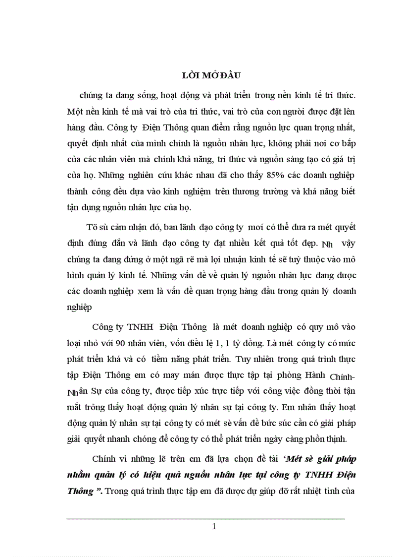 Một số giải pháp nhằm quản lý có hiệu quả nguồn nhân lực tại Công ty TNHH Điện Thông 1