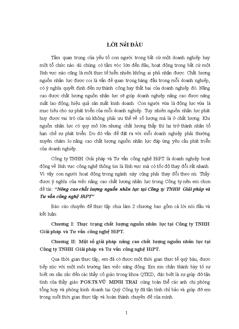 Nâng cao chất lượng nguồn nhân lực tại Công ty TNHH Giải pháp và Tư vấn công nghệ HiPT 1