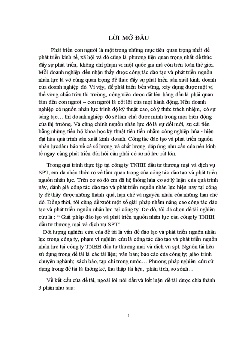 Giải pháp đào tạo và phát triển nguồn nhân lực cảu công ty TNHH đầu tư thương mại và dịch vụ SPT