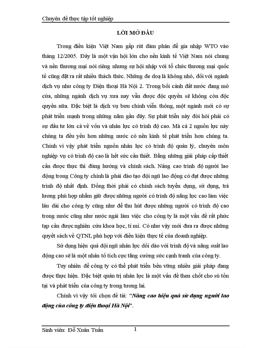 Nâng cao hiệu quả sử dụng người lao động của công ty điện thoại Hà Nội 1