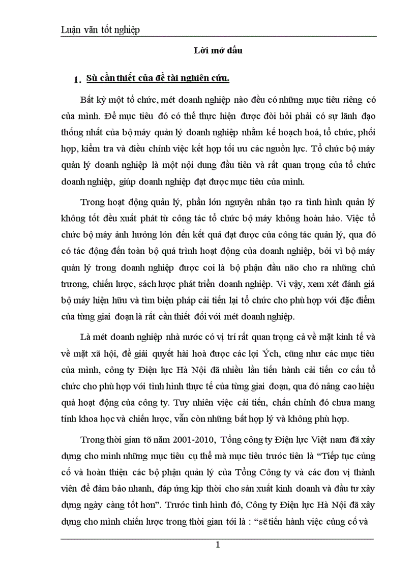 Một số giải pháp nhằm hoàn thiện bộ máy quản lý ở Công ty Điện lực Hà Nội 1