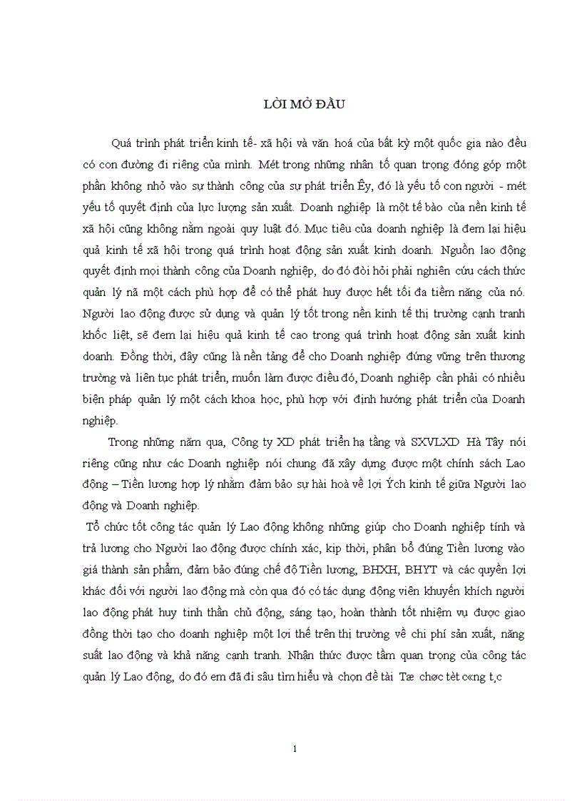 Hoàn thiện về công tác quản lý lao động tại công ty XD phát triển hạ tầng và SXVLXD Hà Tây 1
