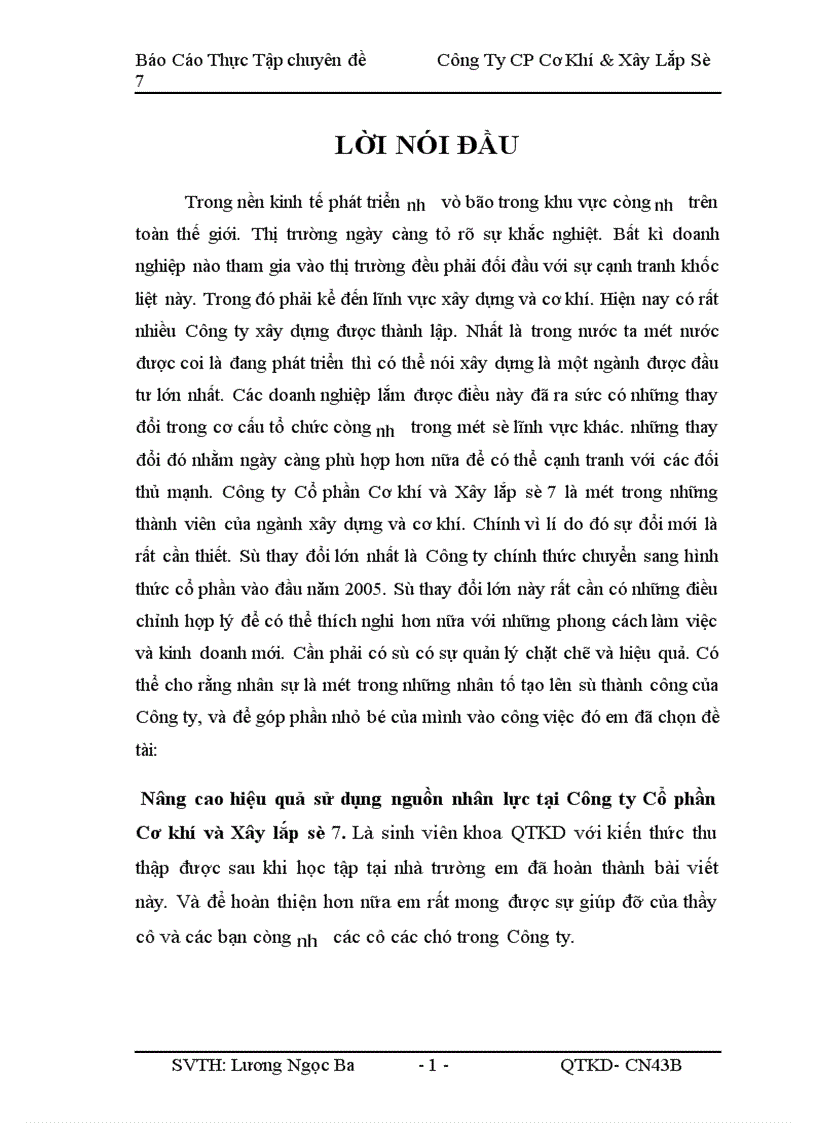 nâng cao hiệu quả sử dụng nguồn nhân lực tại Công ty Cổ phần Cơ khí và Xây lắp số 7