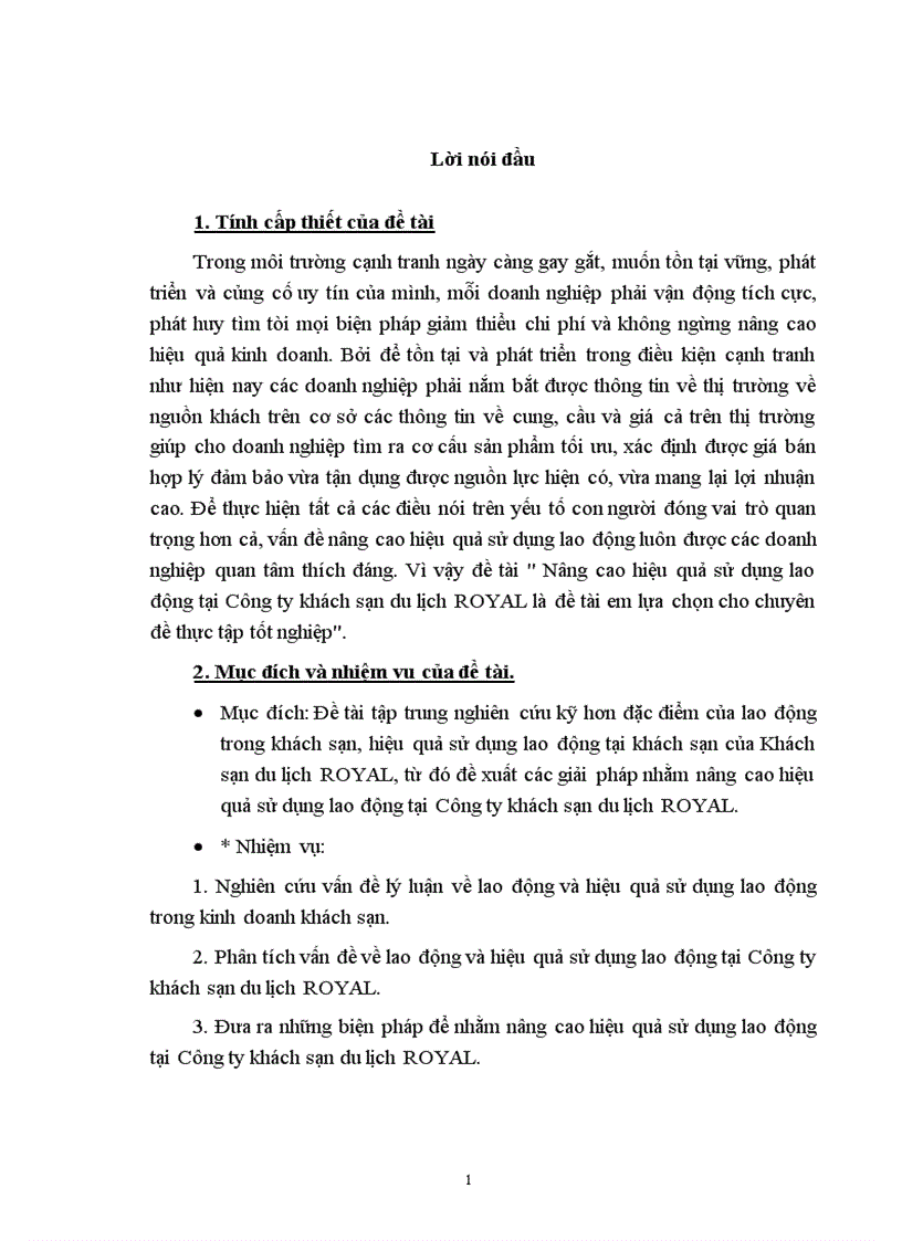 Nâng cao hiệu quả sử dụng lao động tại Công ty khách sạn du lịch ROYAL 1