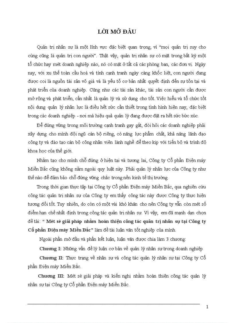 Một số giải pháp nhằm hoàn thiện công tác quản trị nhân sự tại Công ty Cổ phần Điện máy Miền Bắc 1