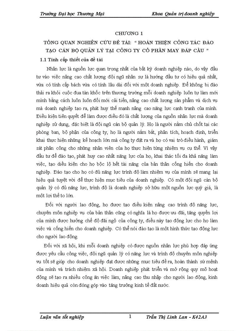 Hoàn thiện công tác đào tạo cán bộ quản lý tại công ty cổ phần may Đáp Cầu 1