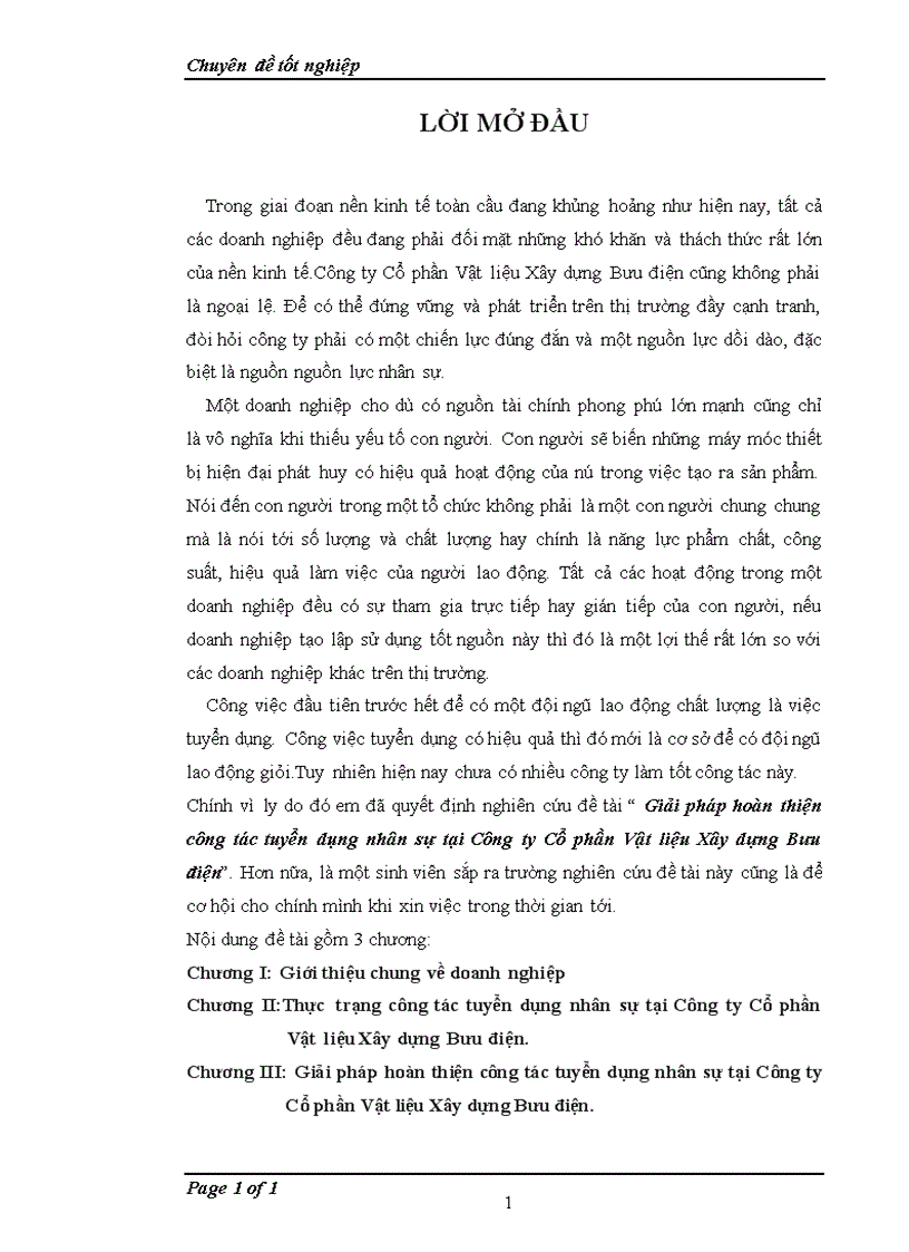 Giải pháp hoàn thiện công tác tuyển dụng nhân sự tại Công ty Cổ phần Vật liệu Xây dựng Bưu điện 1