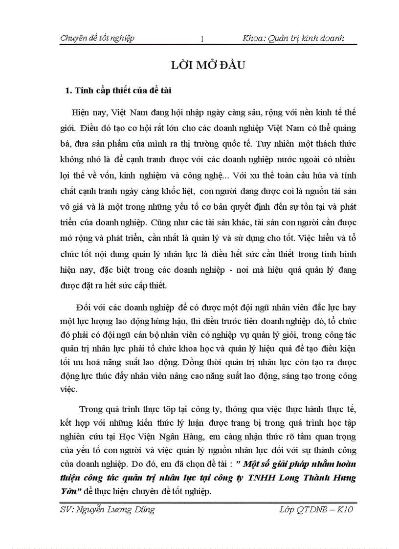 Một số giải pháp nhằm hoàn thiện công tác quản trị nhân lực tại công ty TNHH Long Thành Hưng Yên