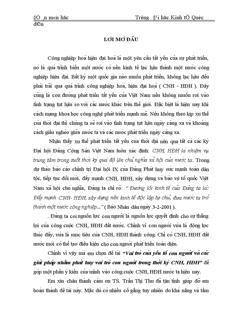 Vai trò của yếu tố con người và các giải pháp nhằm phát huy vai trò con người trong thời kỳ CNH, HĐH