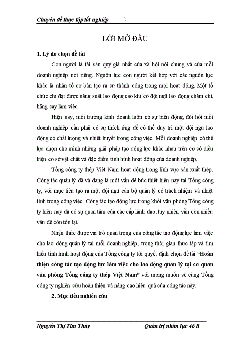 Hoàn thiện công tác tạo động lực làm việc cho lao động quản lý tại cơ quan văn phòng Tổng công ty thép Việt Nam 1